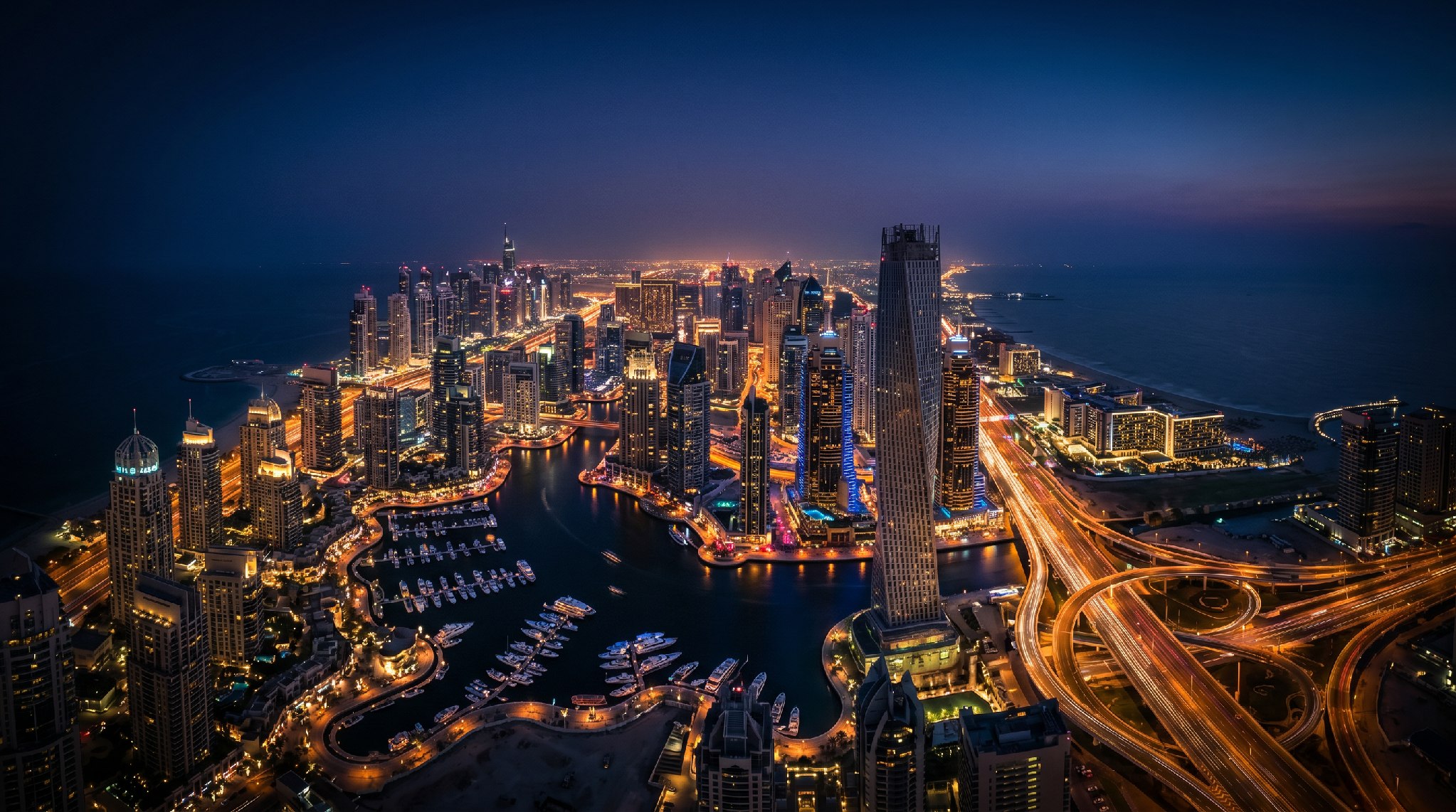 Dubai Marina’s towers and waterfront illuminated at night